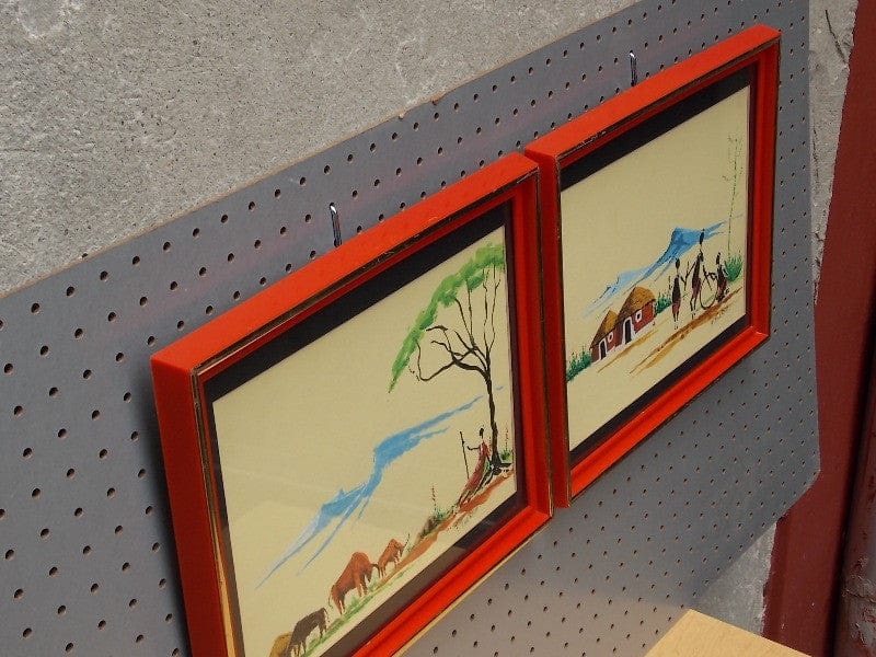 I Like Mike's Mid-Century Modern Wall Decor & Art Pair Original African Village Scenes Original Signed Paintings