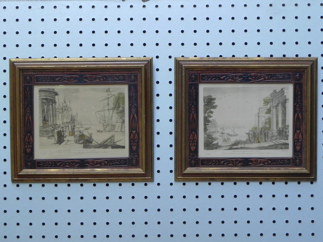I Like Mike's Mid Century Modern Wall Decor & Art Pair Sungott Art Studios Ancient Greek Scenes Hand-Colored Gravure Prints Framed with Leather & Wood