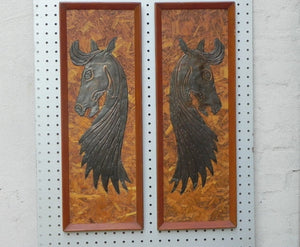I Like Mike's Mid Century Modern Wall Decor & Art Pair Tooled Cooper Horses on Pressed Board Backing, Framed