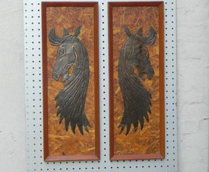 I Like Mike's Mid Century Modern Wall Decor & Art Pair Tooled Cooper Horses on Pressed Board Backing, Framed