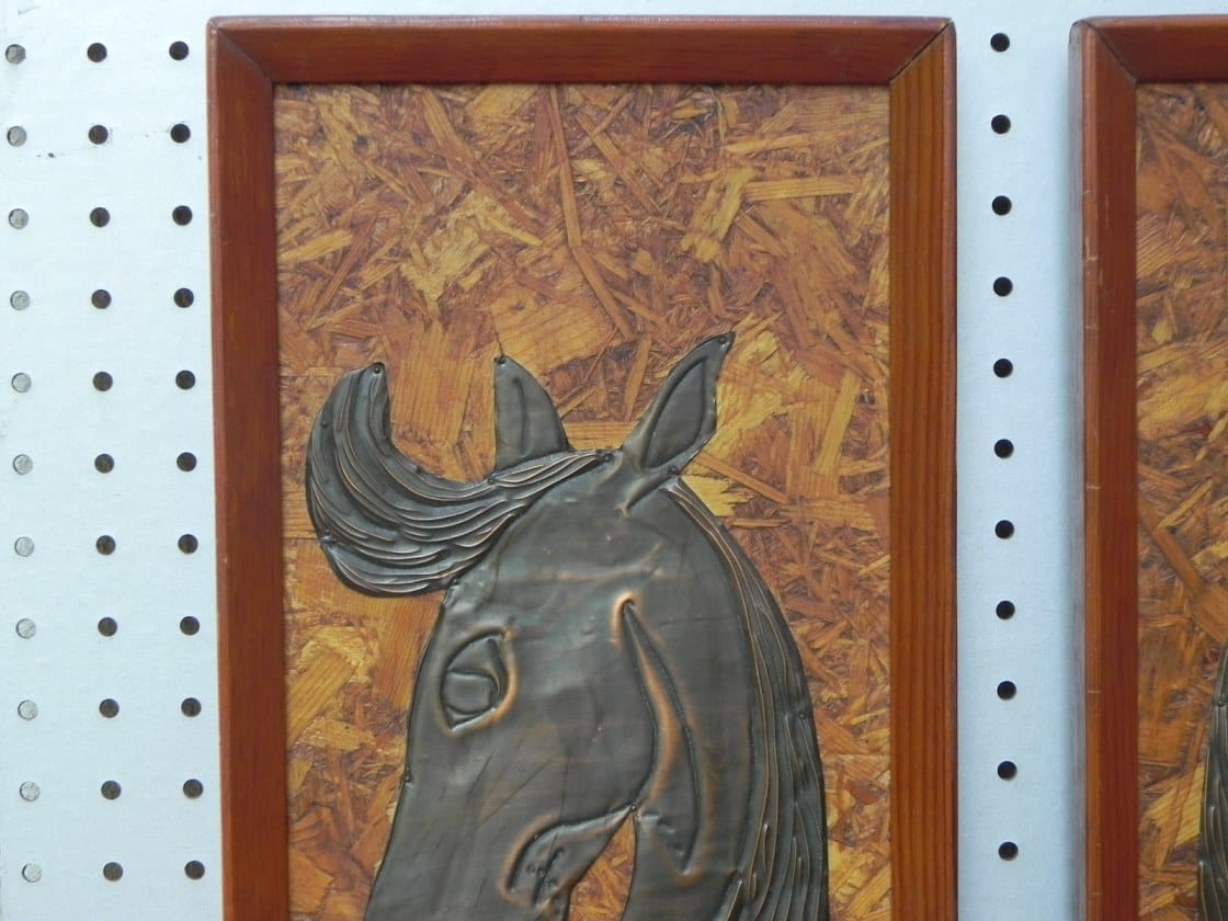 I Like Mike's Mid Century Modern Wall Decor & Art Pair Tooled Cooper Horses on Pressed Board Backing, Framed