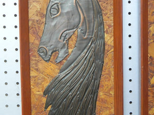 I Like Mike's Mid Century Modern Wall Decor & Art Pair Tooled Cooper Horses on Pressed Board Backing, Framed