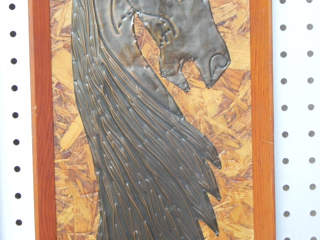 I Like Mike's Mid Century Modern Wall Decor & Art Pair Tooled Cooper Horses on Pressed Board Backing, Framed