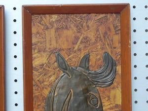 I Like Mike's Mid Century Modern Wall Decor & Art Pair Tooled Cooper Horses on Pressed Board Backing, Framed