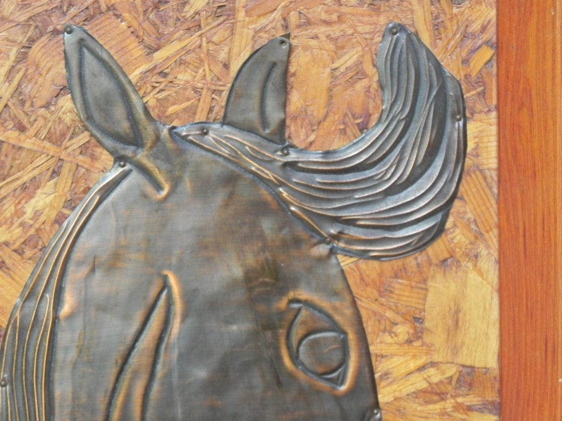 I Like Mike's Mid Century Modern Wall Decor & Art Pair Tooled Cooper Horses on Pressed Board Backing, Framed