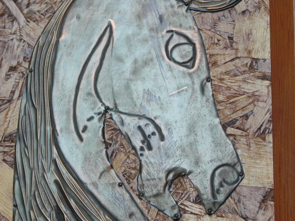 I Like Mike's Mid Century Modern Wall Decor & Art Pair Tooled Cooper Horses on Pressed Board Backing, Framed