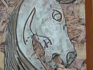 I Like Mike's Mid Century Modern Wall Decor & Art Pair Tooled Cooper Horses on Pressed Board Backing, Framed