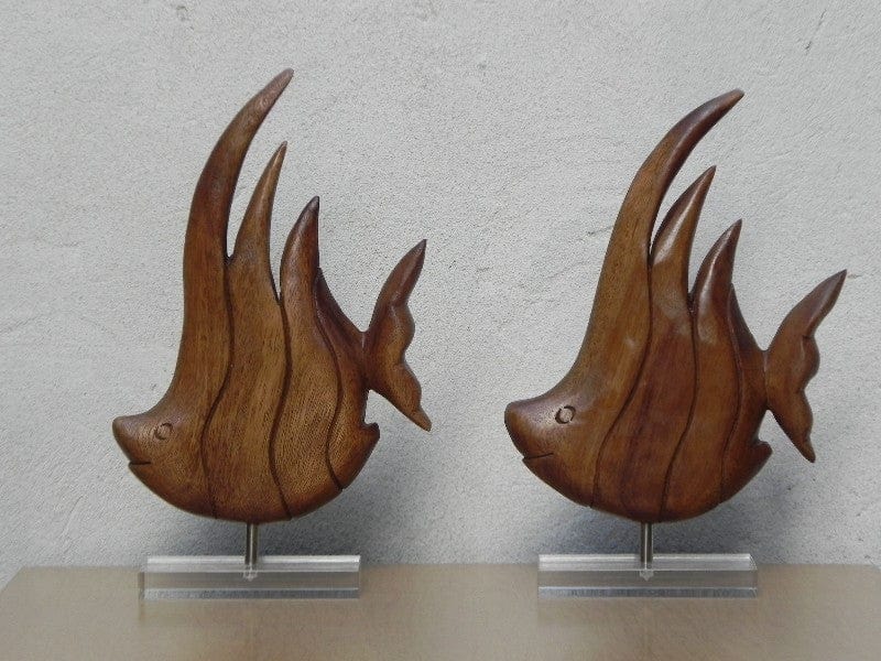 I Like Mike's Mid Century Modern Wall Decor & Art Pair Wood Fish on Lucite Bases, Mid Century Table Sculptures