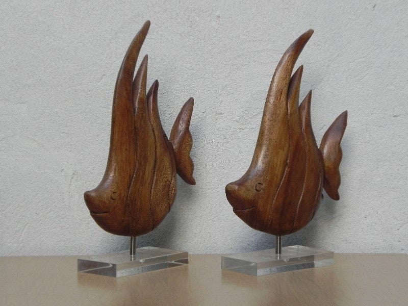 I Like Mike's Mid Century Modern Wall Decor & Art Pair Wood Fish on Lucite Bases, Mid Century Table Sculptures