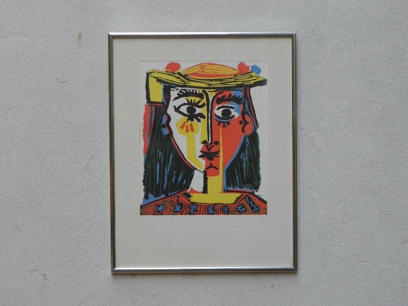 I Like Mike's Mid Century Modern Wall Decor & Art Picasso Bust of a Woman in a Hat (with Pompoms and Printed Blouse) - Mid Century Framed Print