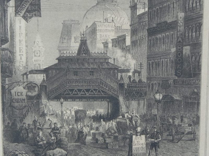 I Like Mike's Mid Century Modern Wall Decor & Art Rudolf Cronau Drawing of New York street from 1880's, Print from German Newspaper