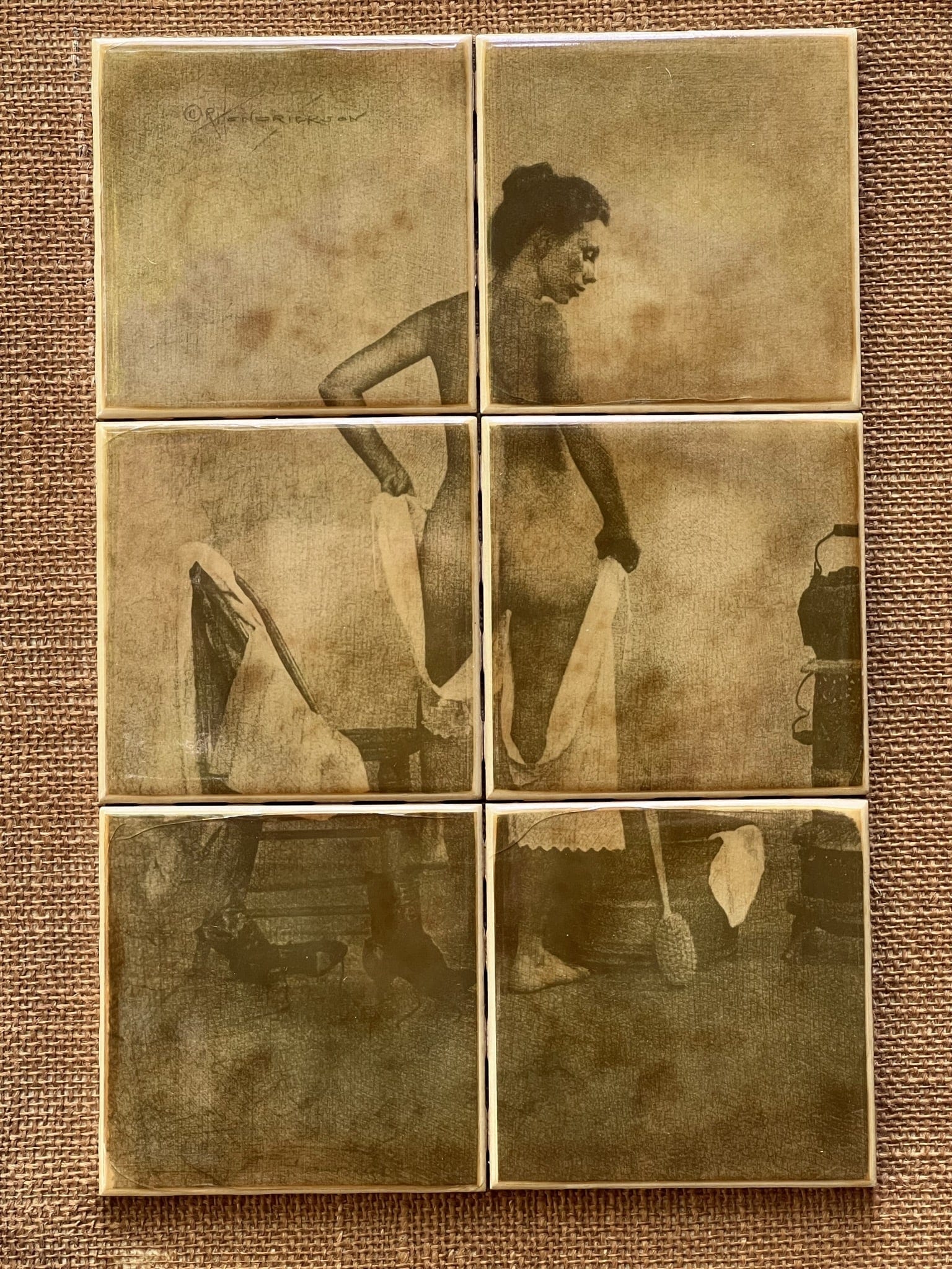 I Like Mike's Mid Century Modern Wall Decor & Art Sepia Toned Bathing Nude on Ceramic Tile, Framed
