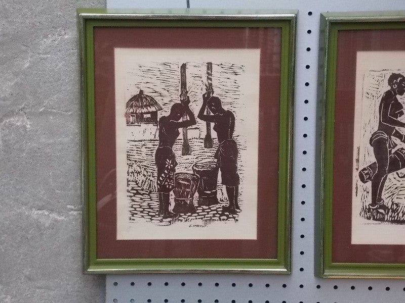 I Like Mike's Mid-Century Modern Wall Decor & Art Set of Four Original Mid Century Linocut African Scenes