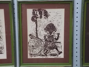I Like Mike's Mid-Century Modern Wall Decor & Art Set of Four Original Mid Century Linocut African Scenes