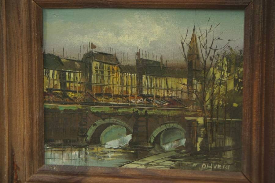 I Like Mike's Mid-Century Modern Wall Decor & Art Small Framed European Bridge Scene in Oil on Canvas, Signed Oliveri
