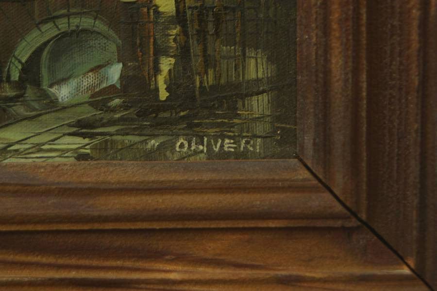 I Like Mike's Mid-Century Modern Wall Decor & Art Small Framed European Bridge Scene in Oil on Canvas, Signed Oliveri