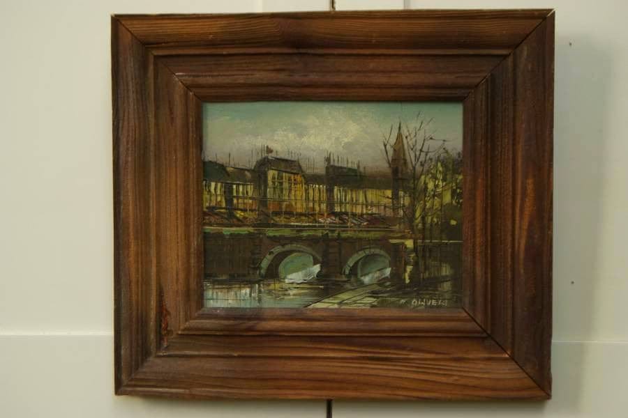 I Like Mike's Mid-Century Modern Wall Decor & Art Small Framed European Bridge Scene in Oil on Canvas, Signed Oliveri