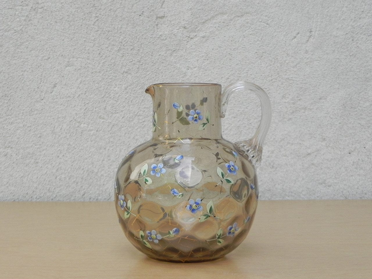 I Like Mike's Mid Century Modern Wall Decor & Art Small Round Honeycomb Glass Pitcher with Hand painted Blue Flowers