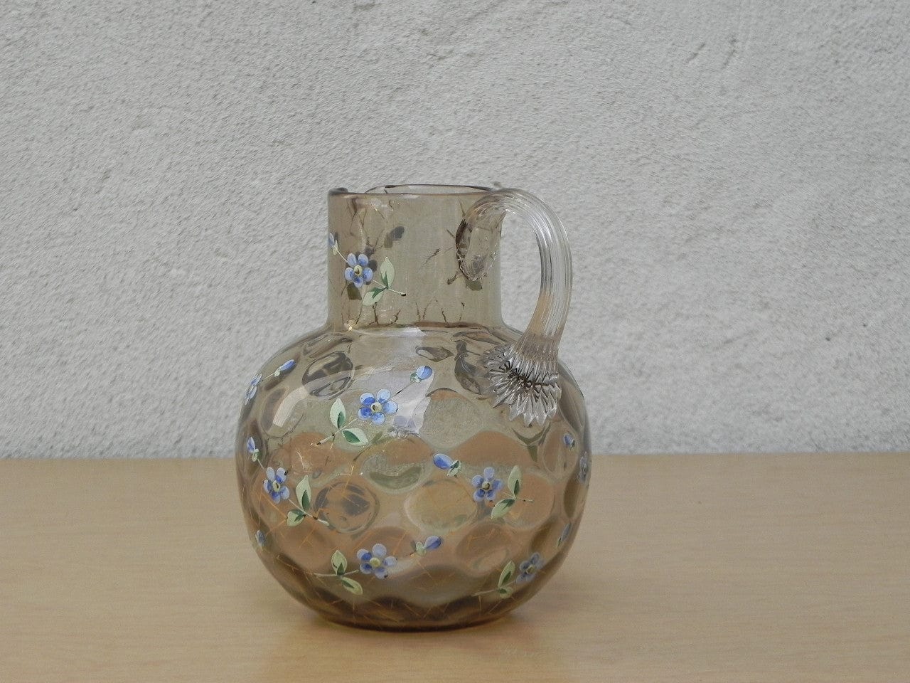 Small Round Honeycomb Glass Pitcher with Hand painted Blue Flowers - I Like  Mikes Mid Century Modern