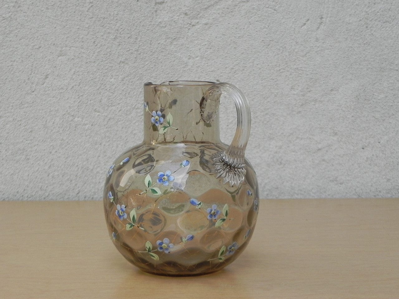 I Like Mike's Mid Century Modern Wall Decor & Art Small Round Honeycomb Glass Pitcher with Hand painted Blue Flowers