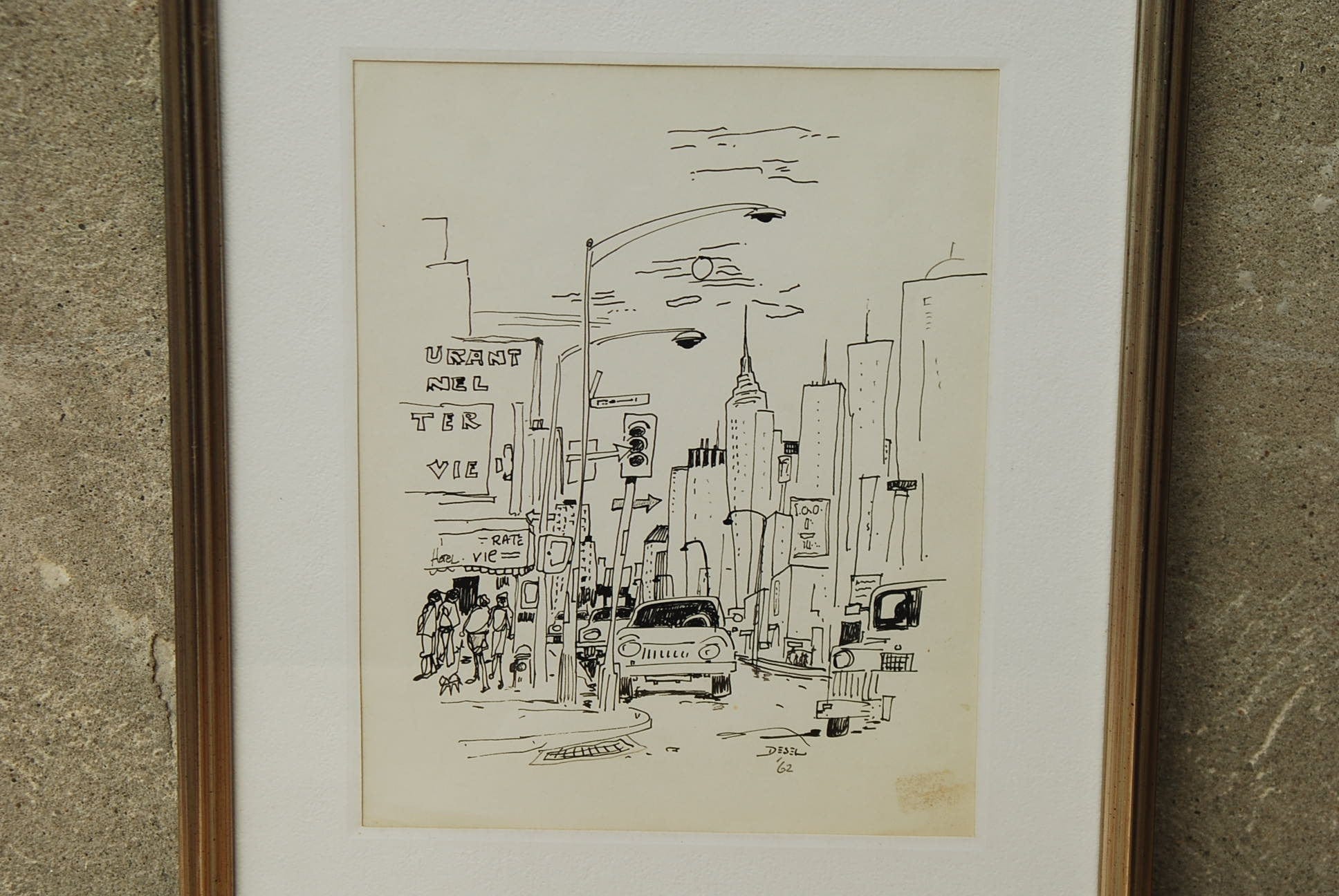 I Like Mike's Mid-Century Modern Wall Decor & Art SOLD 1962 New York City Framed Pen & Ink by Desel