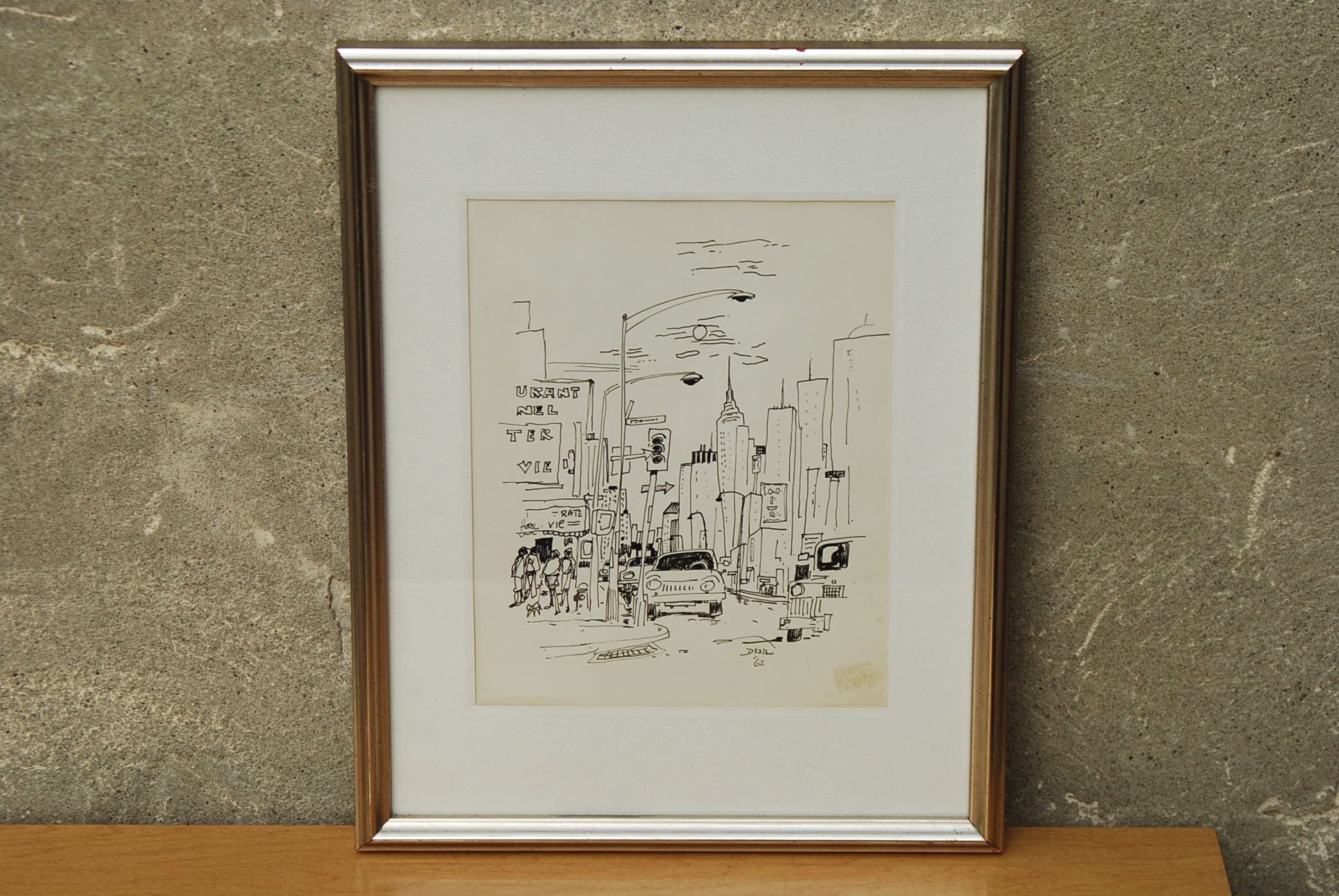 I Like Mike's Mid-Century Modern Wall Decor & Art SOLD 1962 New York City Framed Pen & Ink by Desel