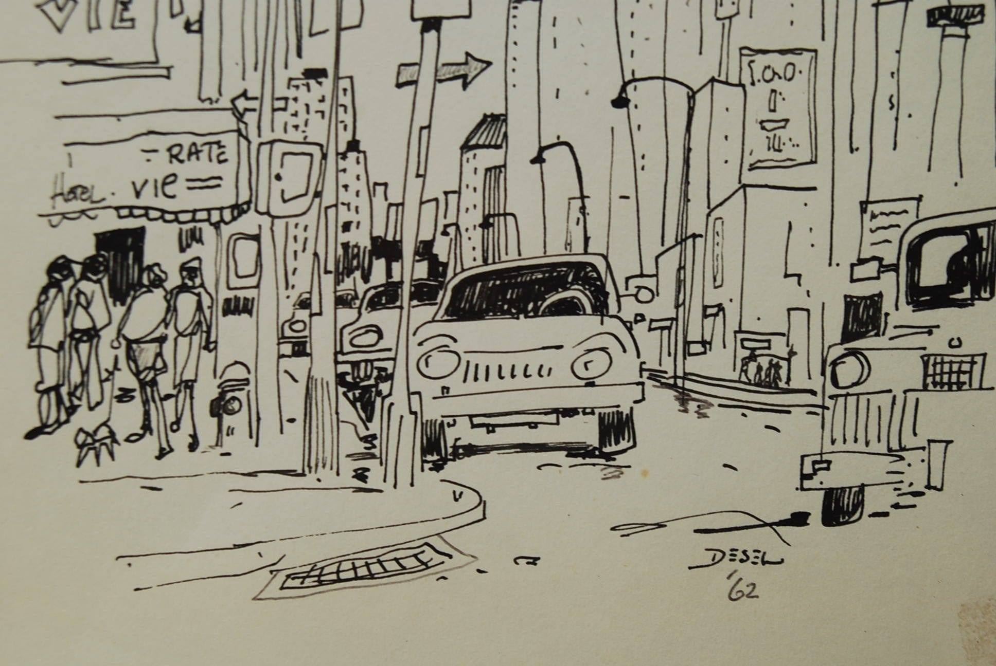 I Like Mike's Mid-Century Modern Wall Decor & Art SOLD 1962 New York City Framed Pen & Ink by Desel
