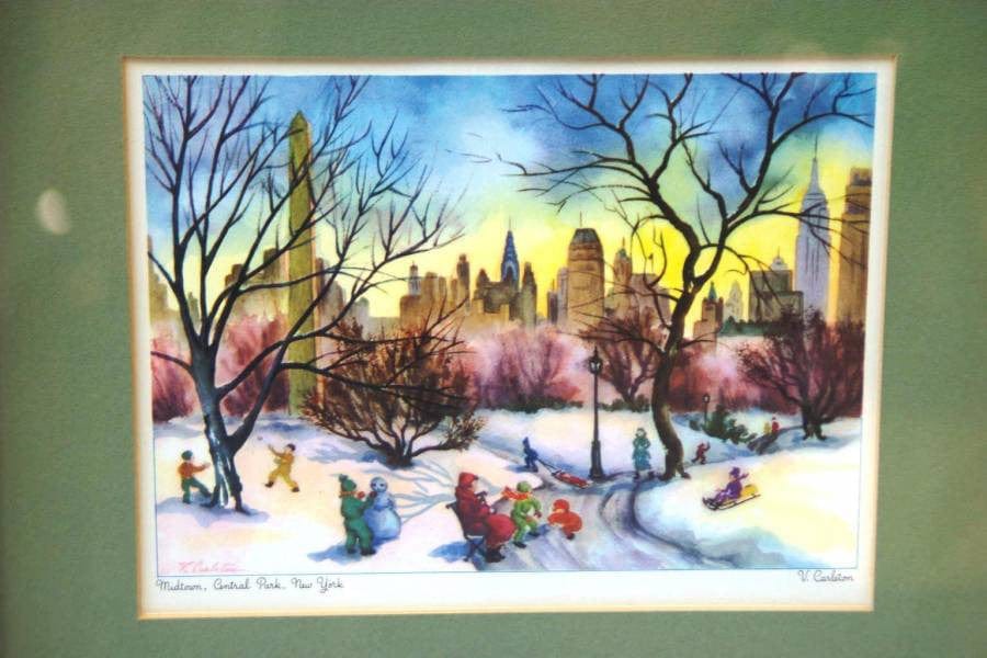I Like Mike's Mid-Century Modern Wall Decor & Art Trio of Manhattan New York Scenes, Framed Watercolor Prints By V. Carleton