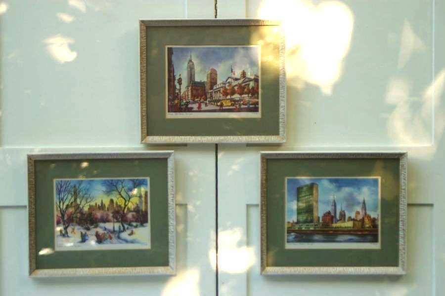 I Like Mike's Mid-Century Modern Wall Decor & Art Trio of Manhattan New York Scenes, Framed Watercolor Prints By V. Carleton