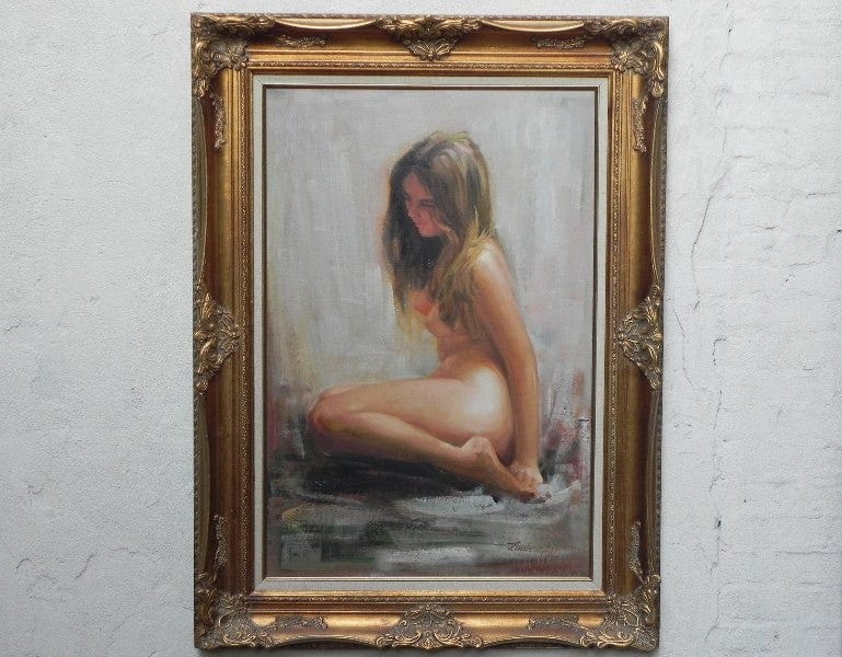 I Like Mike's Mid Century Modern Wall Decor & Art Very Large Painting Sitting Nude Girl in Ornate Gold Frame