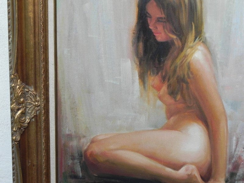 I Like Mike's Mid Century Modern Wall Decor & Art Very Large Painting Sitting Nude Girl in Ornate Gold Frame