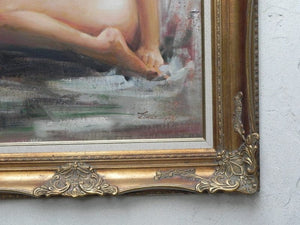 I Like Mike's Mid Century Modern Wall Decor & Art Very Large Painting Sitting Nude Girl in Ornate Gold Frame