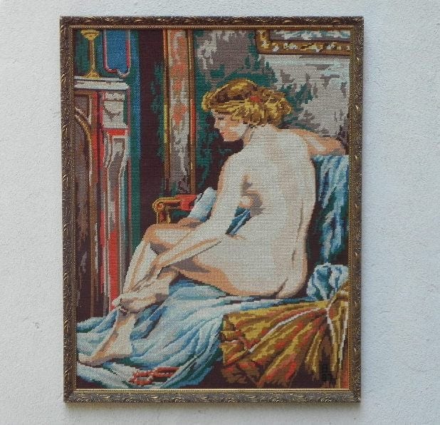 I Like Mike's Mid Century Modern Wall Decor & Art Vintage Nude Blonde Needlepoint in Gilded Frame