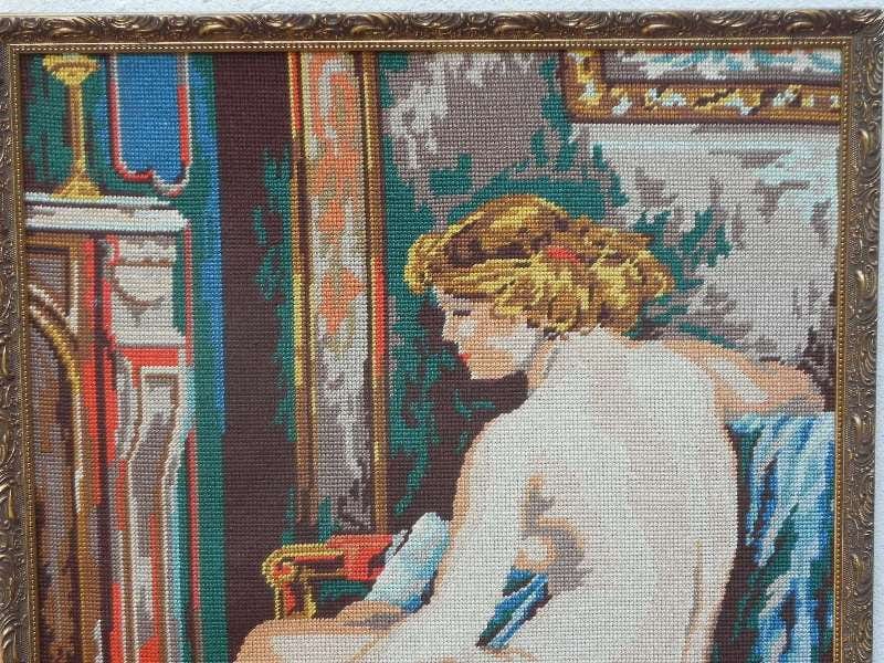 I Like Mike's Mid Century Modern Wall Decor & Art Vintage Nude Blonde Needlepoint in Gilded Frame