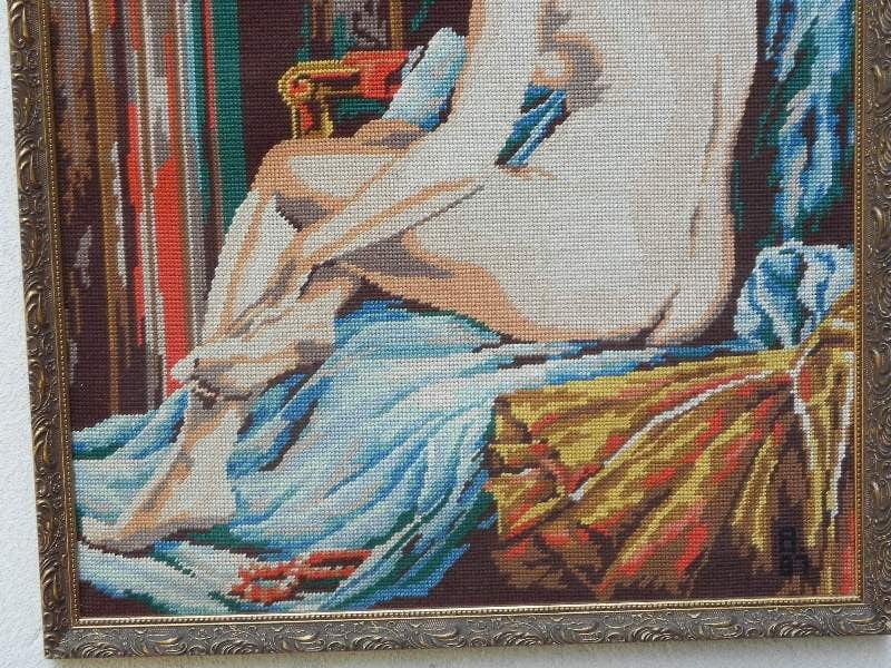 I Like Mike's Mid Century Modern Wall Decor & Art Vintage Nude Blonde Needlepoint in Gilded Frame
