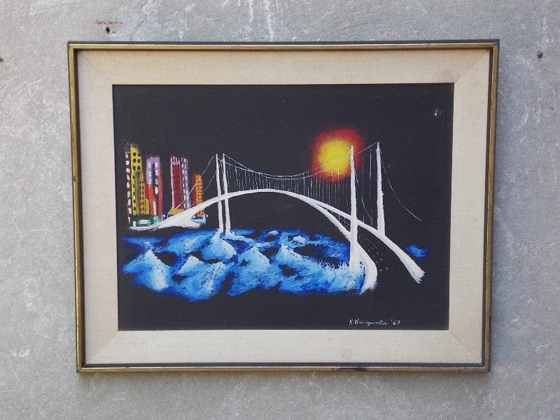 I Like Mike's Mid-Century Modern Wall Decor & Art White Bridge on Black Canvas 1967 Oil on Canvas by K. Weingarten