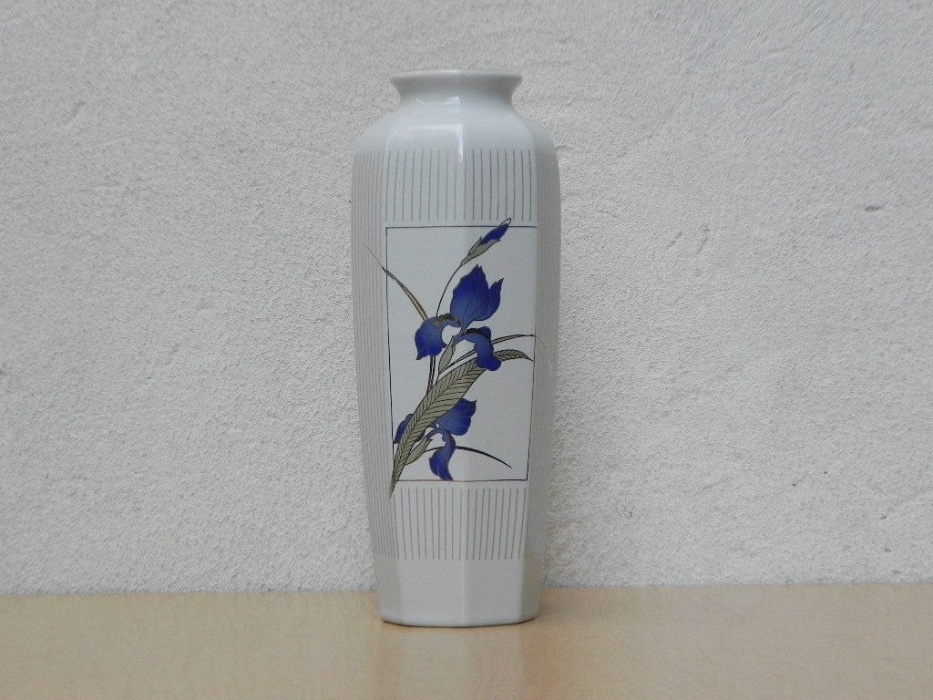 White Japanese Vase with Purple Irises - I Like Mikes Mid Century