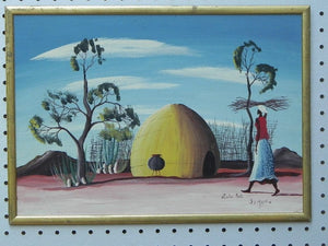 I Like Mike's Mid Century Modern Wall Decor & Art Zulu Hut Original Painting on Board by I.S. Matthe, Blue, Yellow & Red