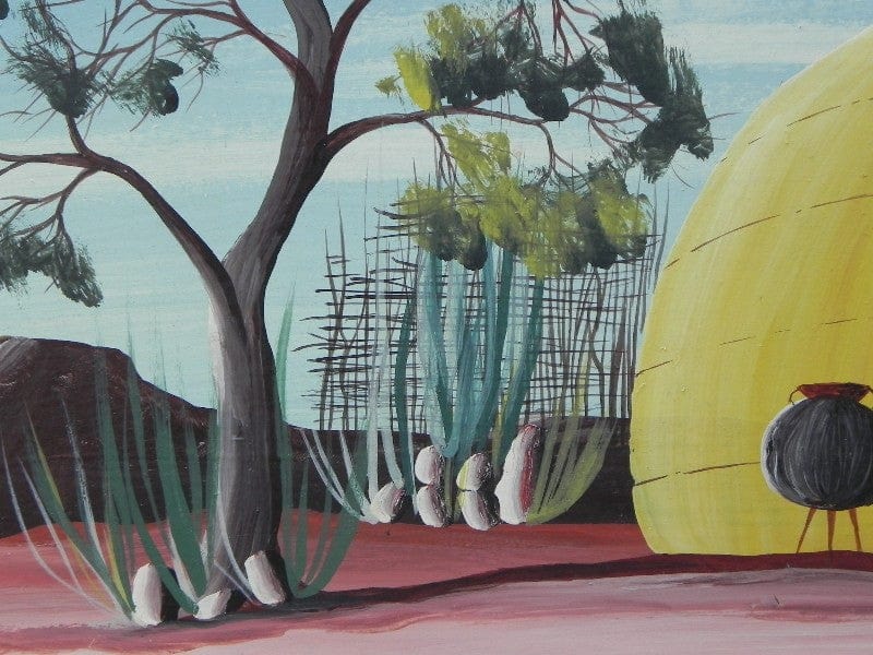 I Like Mike's Mid Century Modern Wall Decor & Art Zulu Hut Original Painting on Board by I.S. Matthe, Blue, Yellow & Red