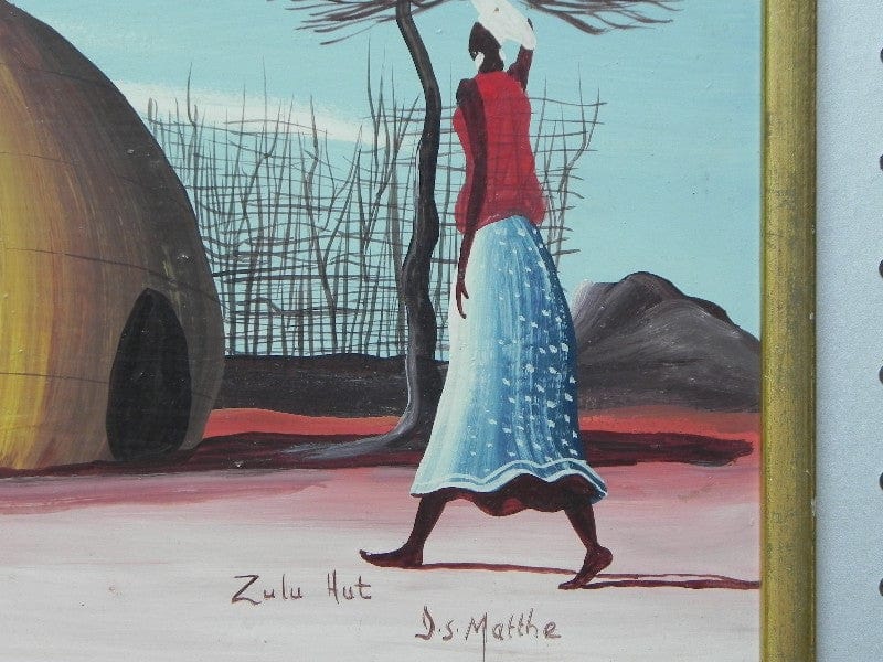 I Like Mike's Mid Century Modern Wall Decor & Art Zulu Hut Original Painting on Board by I.S. Matthe, Blue, Yellow & Red