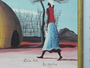 I Like Mike's Mid Century Modern Wall Decor & Art Zulu Hut Original Painting on Board by I.S. Matthe, Blue, Yellow & Red