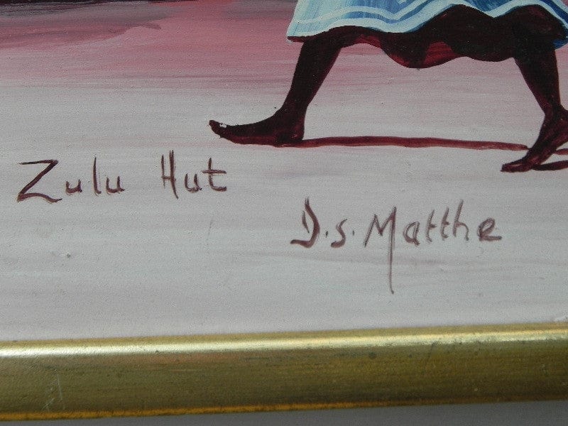 I Like Mike's Mid Century Modern Wall Decor & Art Zulu Hut Original Painting on Board by I.S. Matthe, Blue, Yellow & Red