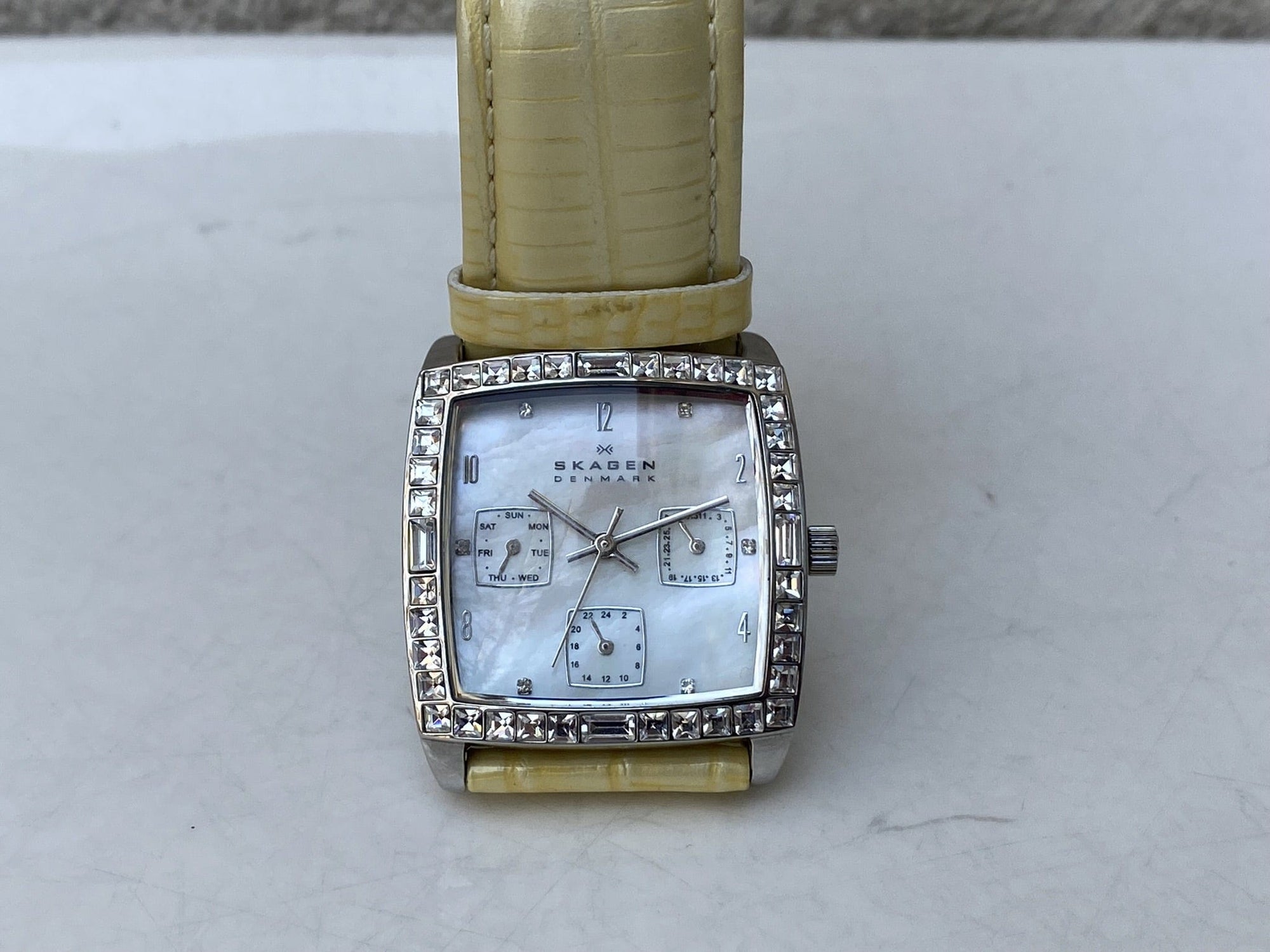 I Like Mike's Mid Century Modern Watch Skagen Large Women's Square Watch, Jeweled Mother of Pearl Dial, Date Calendar, Silver Tone Yellow White Leather Band