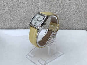 I Like Mike's Mid Century Modern Watch Skagen Large Women's Square Watch, Jeweled Mother of Pearl Dial, Date Calendar, Silver Tone Yellow White Leather Band