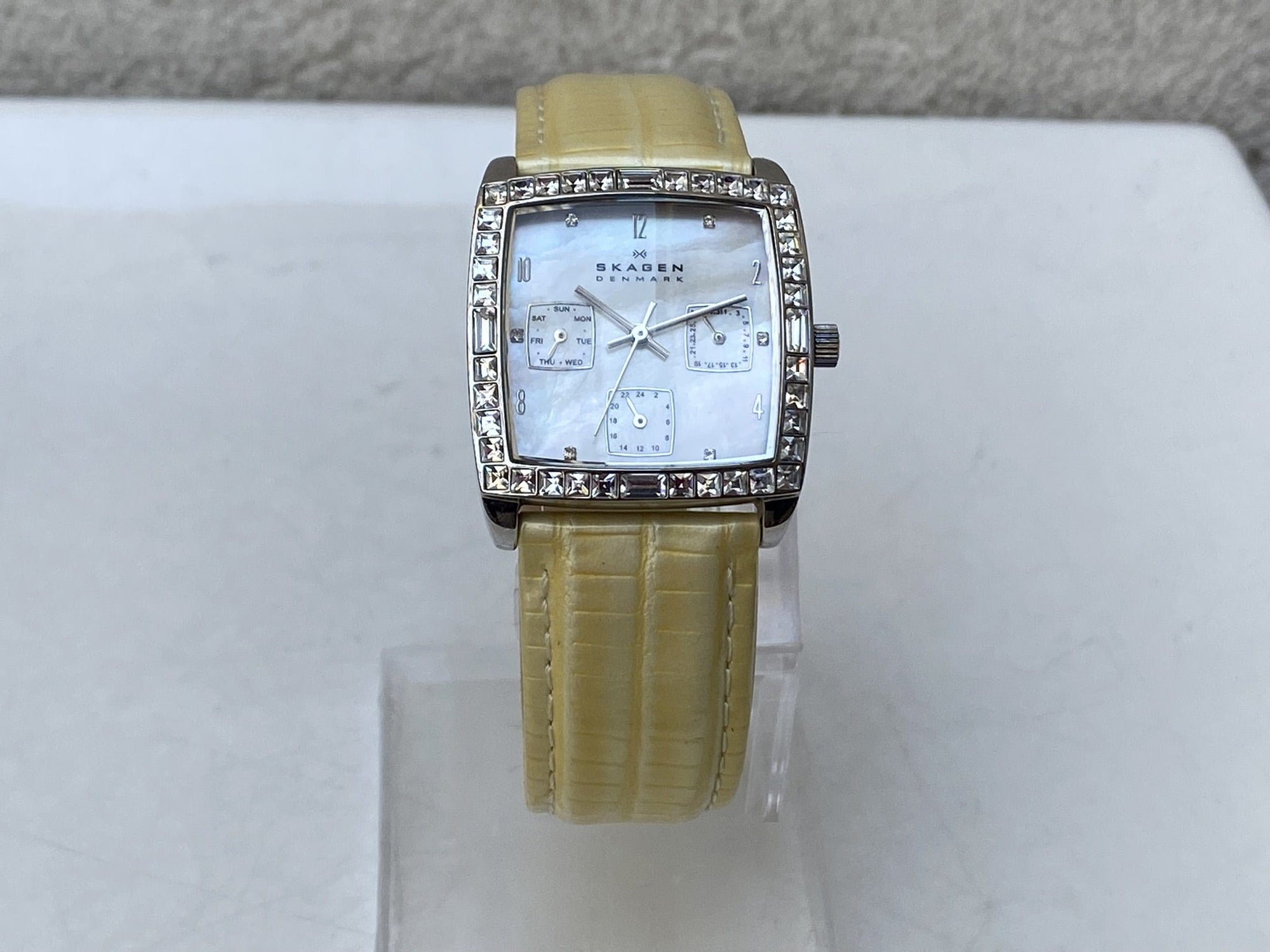 I Like Mike's Mid Century Modern Watch Skagen Large Women's Square Watch, Jeweled Mother of Pearl Dial, Date Calendar, Silver Tone Yellow White Leather Band