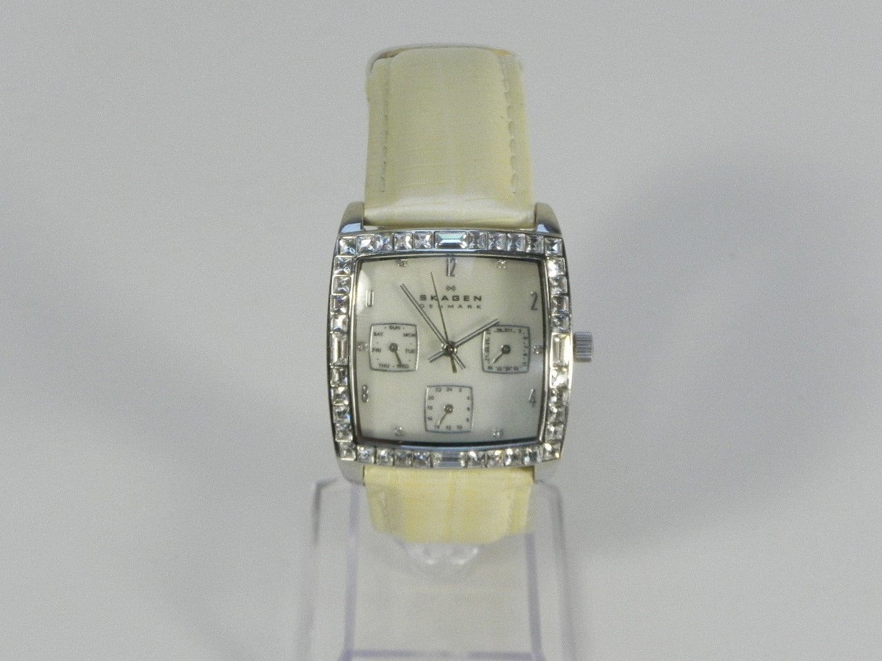 I Like Mike's Mid Century Modern Watch Skagen Large Women's Square Watch, Jeweled Mother of Pearl Dial, Date Calendar, Silver Tone Yellow White Leather Band