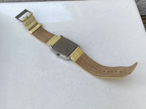 I Like Mike's Mid Century Modern Watch Skagen Large Women's Square Watch, Jeweled Mother of Pearl Dial, Date Calendar, Silver Tone Yellow White Leather Band