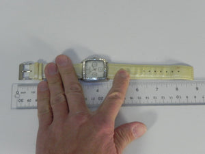 I Like Mike's Mid Century Modern Watch Skagen Large Women's Square Watch, Jeweled Mother of Pearl Dial, Date Calendar, Silver Tone Yellow White Leather Band