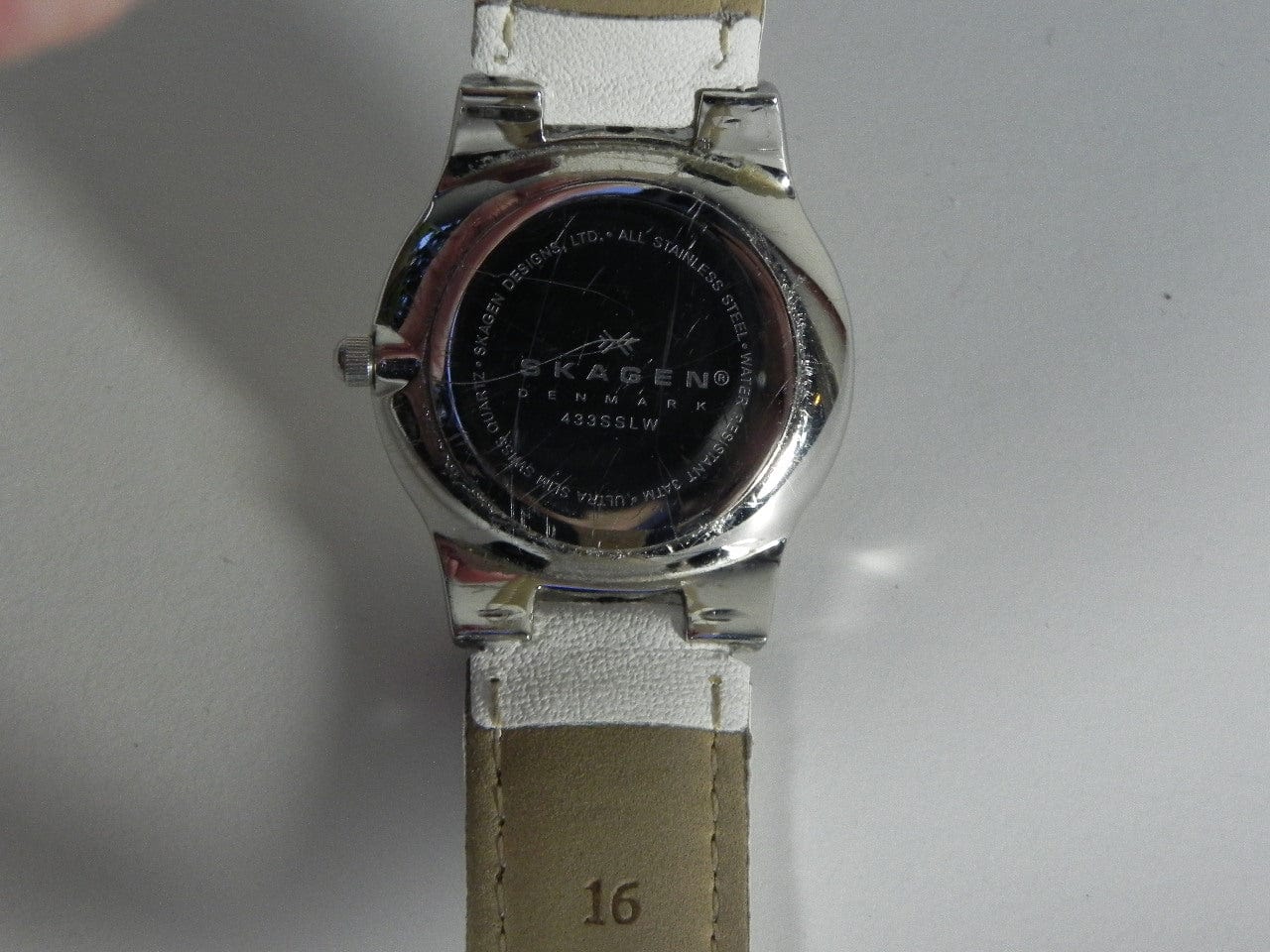 I Like Mike's Mid Century Modern Watch Skagen Unisex Silvertone Round Watch, Modern Silver Dial, White Leather Band