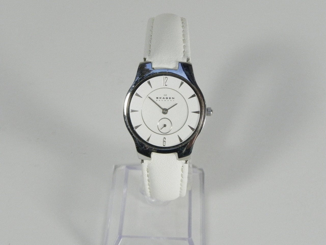 I Like Mike's Mid Century Modern Watch Skagen Unisex Silvertone Round Watch, Modern Silver Dial, White Leather Band